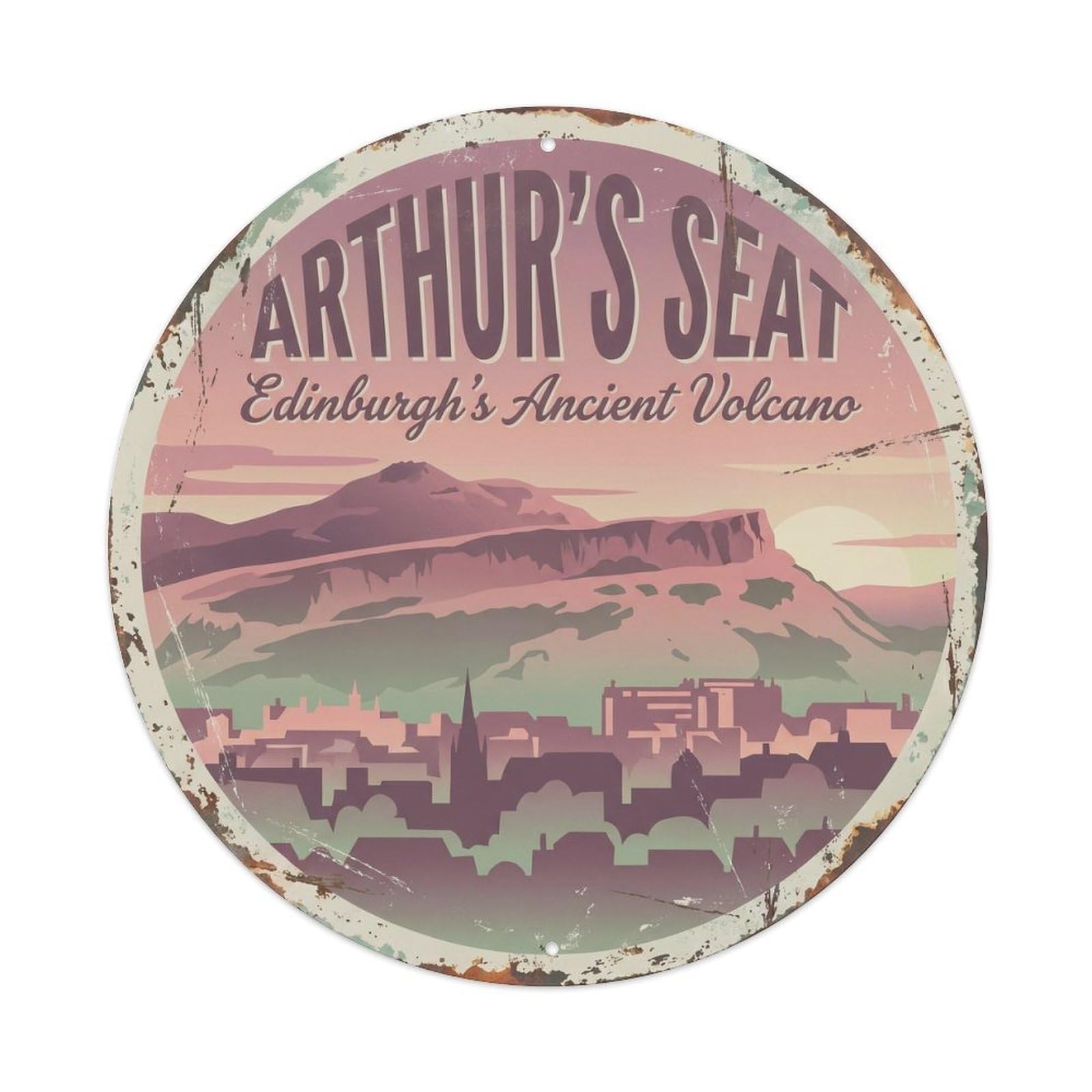 Vintage Travel Arthur Seat Edinburgh 1 Metal Tin Sign Plaque Wall Decor for Cafe, Club Bar, Office, Home Garden Round Metal Poster 8x8Inch