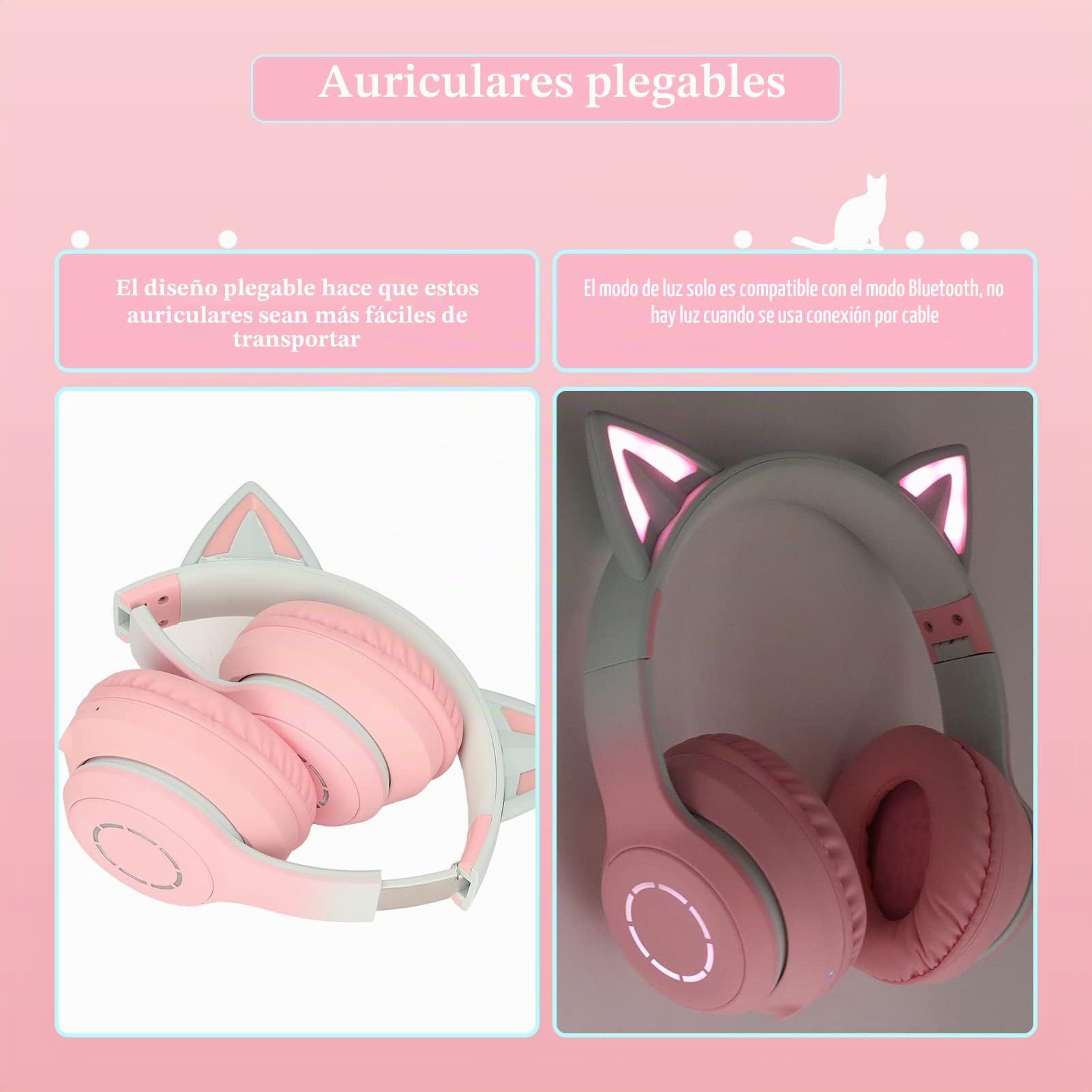 Gugxiom Auriculares Cat Ear, Auriculares Inalámbricos para Juegos A Través De Bluetooth 5.1/3.5mm AUX Cable, Auriculares Plegables con Luces LED De 7 Colores Y 4 Modos LED para Niñas, Adultos(Rosado)