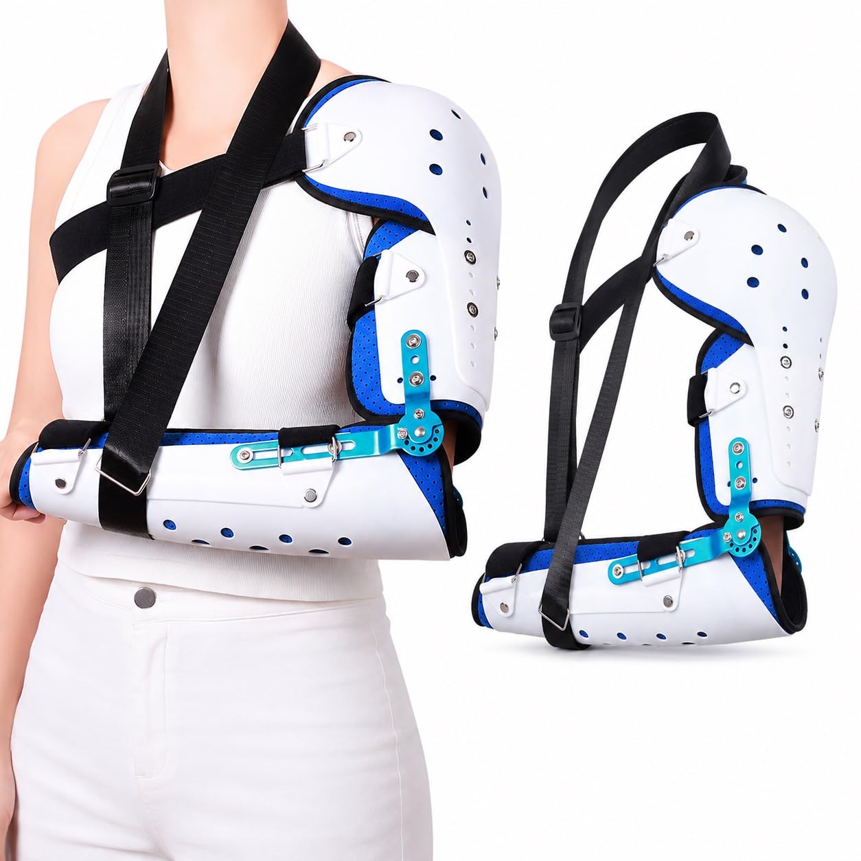 Codo Articulado ROM Ajustable Inmovilizador de Brazo Postoperatorio con Soporte de Hombro para Fracturas Cirugía Túnel Cubital Lesiones de Ligamentos y Tendones(Bien)