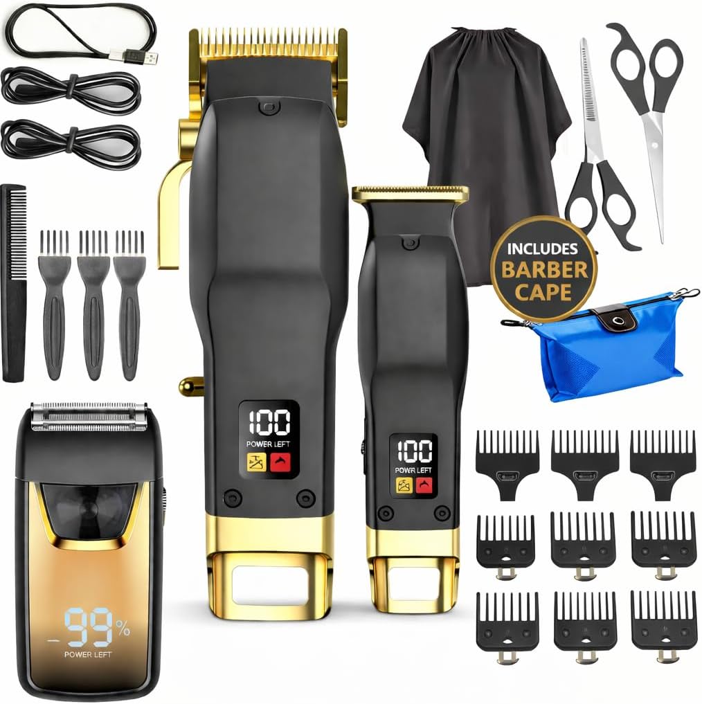 Professional Cordless Hair Clipper and Trimmer Kit for Men, Barber Hair Cutting Set with T Blade Trimmer, Cutting and Thinning Scissors, Guide Combs and Cape