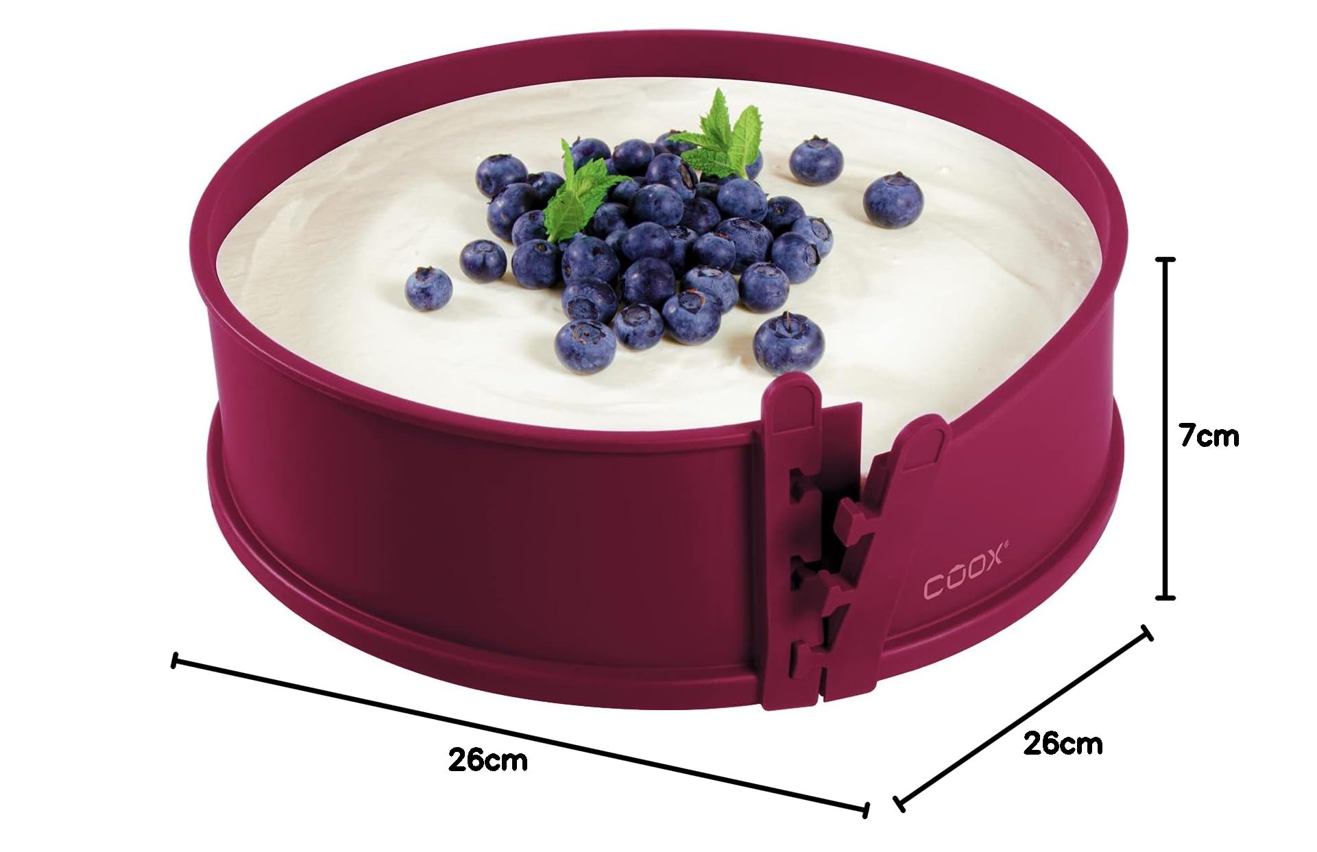 coox Moule à charnière avec base en porcelaine de diamètre 26 cm de diamètre en rouge foncé, cuire et servir et couper directement sur l'assiette en porcelaine, aucun transfert nécessaire