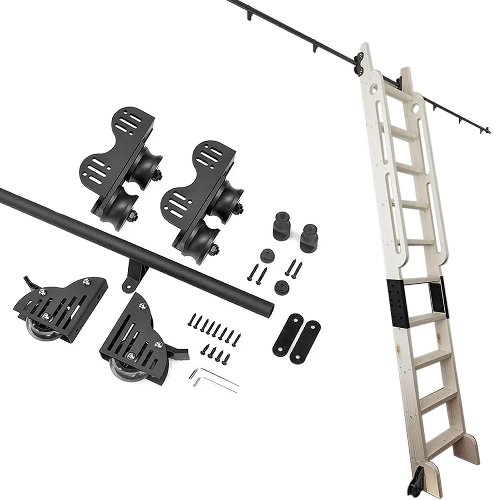 Robustes Schiebeleiter-Set, 1 m, 7,3 m, rollbare Bibliotheksschiene, mobiles Hardware-Set für Bücherregale, Bars, Schränke, inklusive 1,2 m Schiene (Leiter nicht im Lieferumfang enthalten)