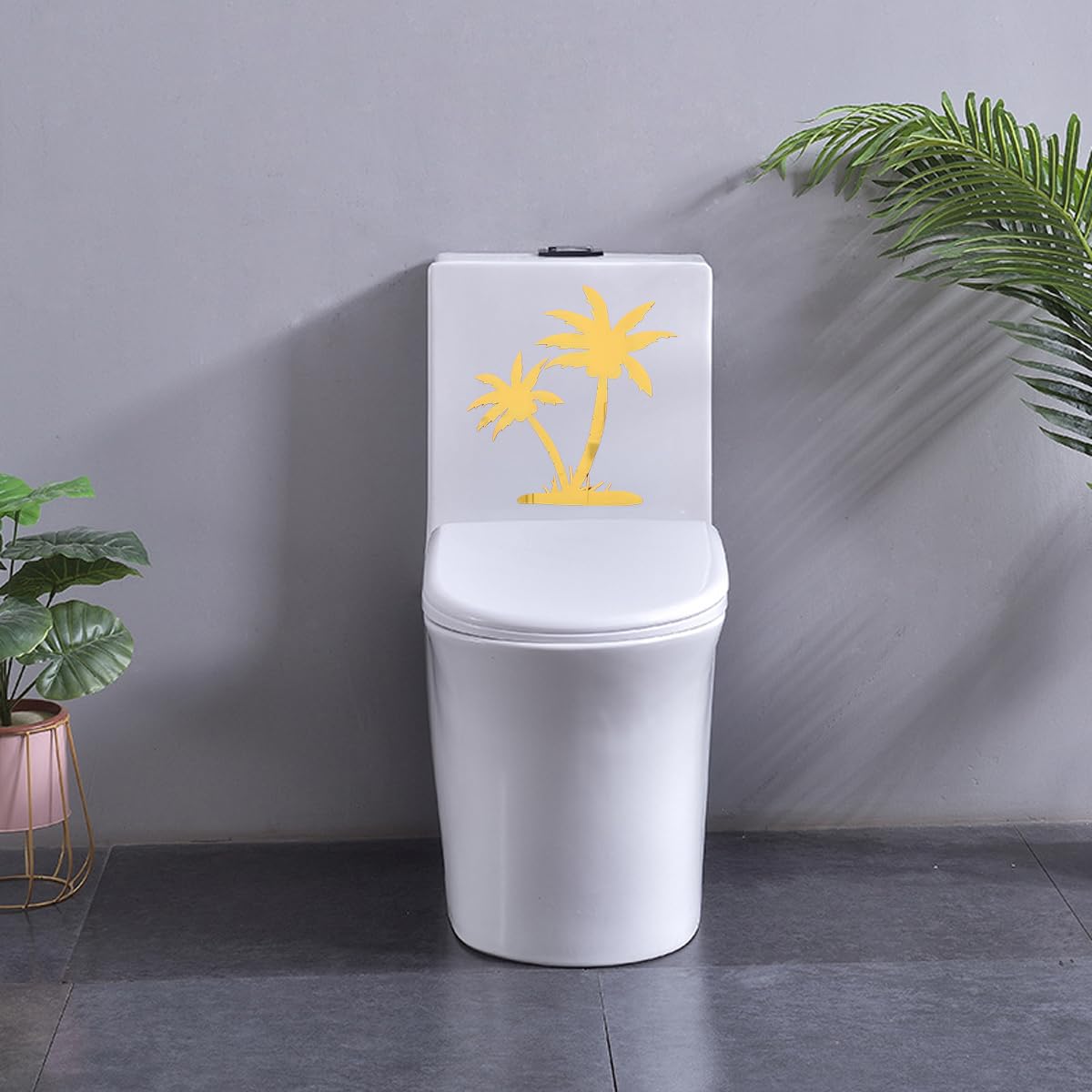 Coconut Trees DIY Acrylic Toilet Cover Sticker Decals,Flower Leaf Bird Waterproof Toilet Lid Tank Seat Decals Cistern Self-Adhesive Bathroom Wall Sticker(Golden)