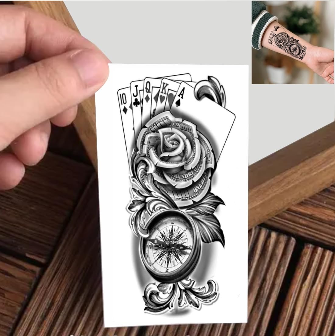 Rose And Compass Temporary Tattoo Sticker For Male And Female Tattoo Sticker-image-3