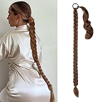 Vista 7 de Extensión de cola de caballo larga trenzada para bricolaje, extensión de cola de caballo rubio de 34 pulgadas con banda elástica recta envolvente