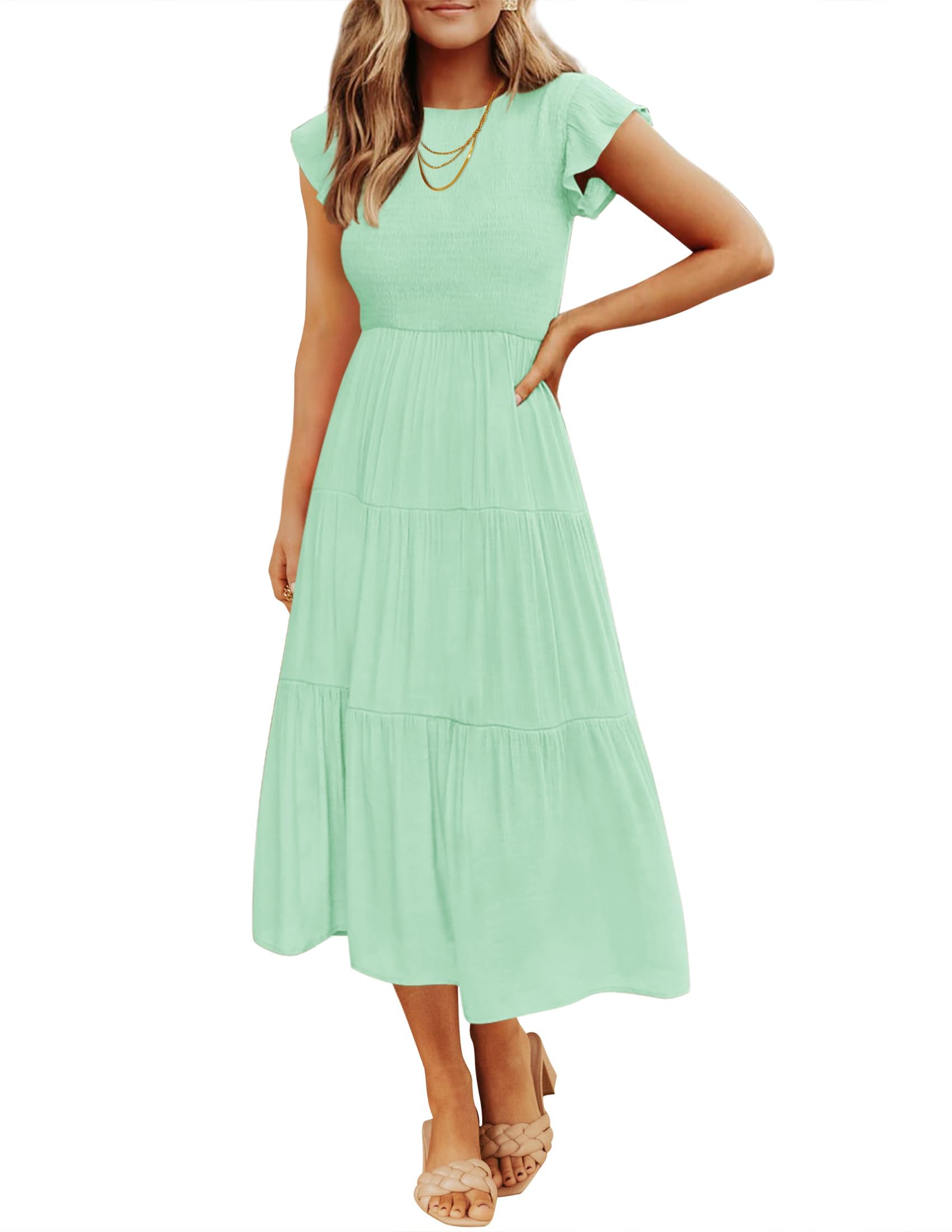 ZESICA - Vestido de Manga Corta con Volantes y Manga Corta para Mujer, Cuello Redondo, Fruncido, Cintura elástica, Verano