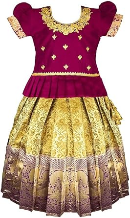 KRISHNA New south Indian traditional pattu pavadai langa voni Lehenga choli for girls dress Purple Purple, 7-8 Years