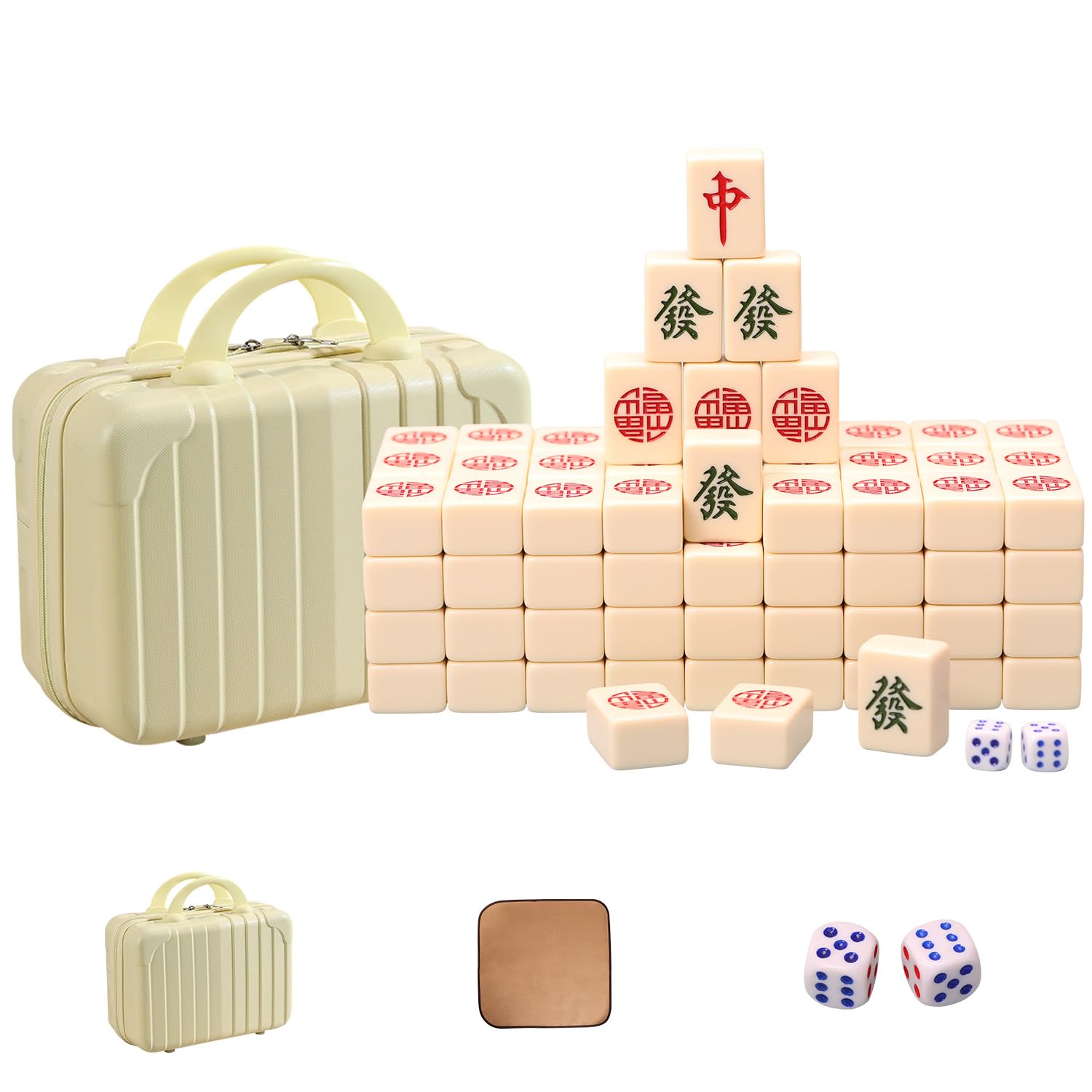 Photo 1 of VPH Extra-Large Chinese Mahjong Set, White Jade-Colored "Jin Xing" Mahjong with 144 Tiles, Including a Travel Case and a Tablecloth.
