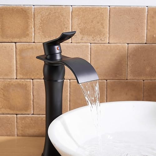 Miniatura 2 de BWE Grifo de baño negro cascada para fregadero, 1 agujero, mango único con tapón de drenaje desplegable y mangueras de suministro, piezas de granja,
