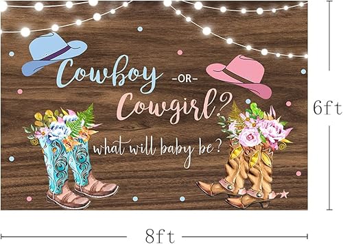 Miniatura 3 de MEHOFOND Fondo de revelación de género de vaquero o vaquera con texto en inglés He or She What Will Baby Be, estampado floral de madera rústica,