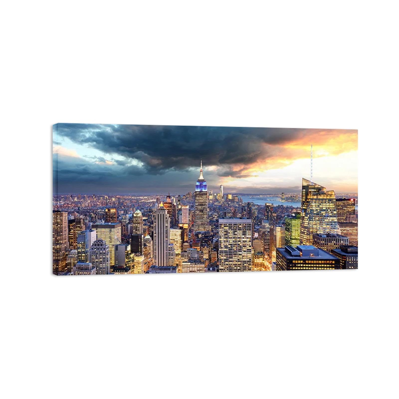 Stadtlandschaft Leinwandbild Fertig zum Aufhängen-Landschaftsbilder auf Leinwand-Dunkle Wolken hohe Gebäude Wandbilder Wohnzimmer-Panorama Kunstdruck 50x100cm Umwickelte Leinwand