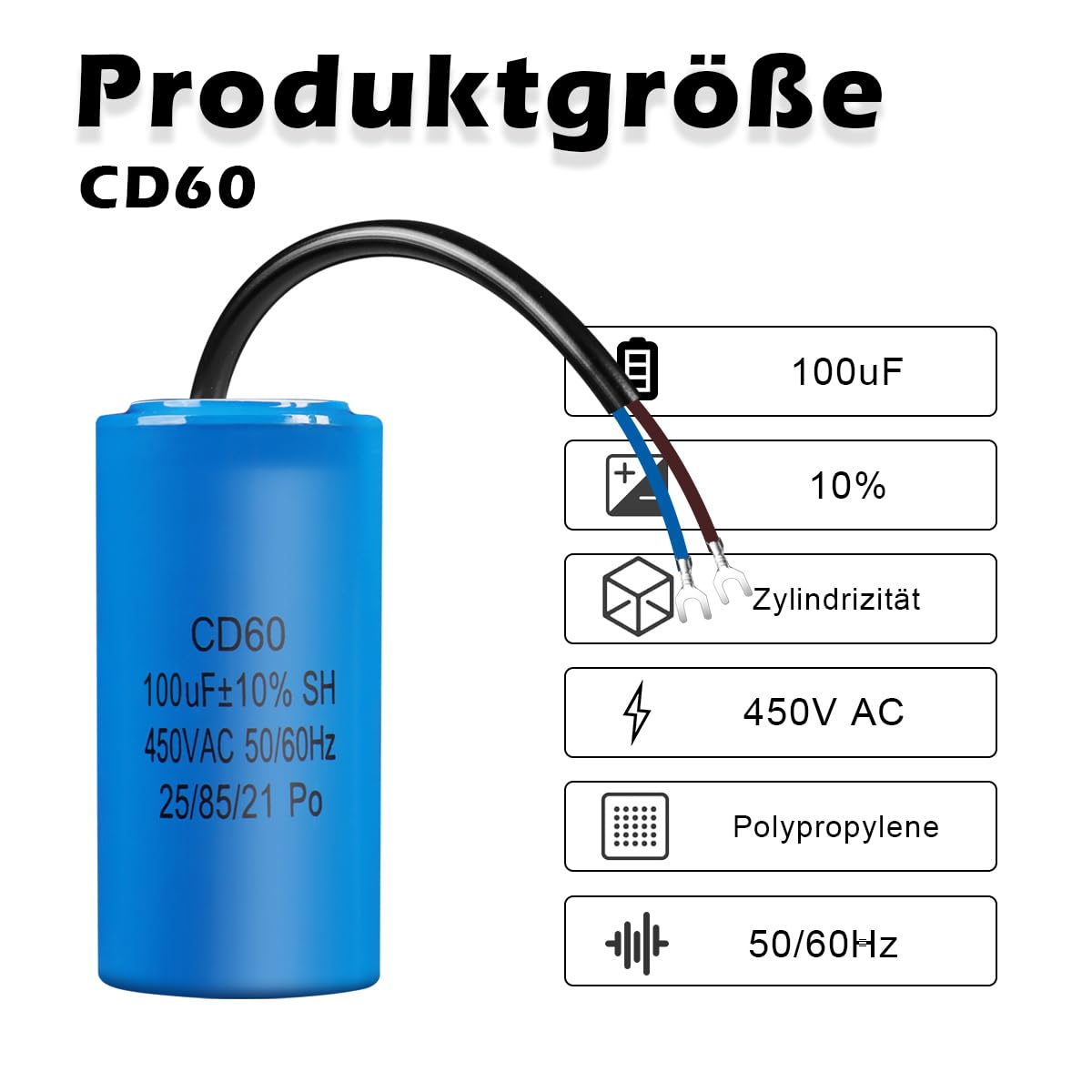 CD60 AC 450V 100uf 50/60HZ kondensator elektryczny kondensator rozruchowy silnika, z kablem, do lodówki, silnika, pompy, generatora