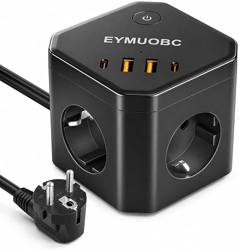 Kostka z gniazdkami z USB, listwa zasilająca z 2 USB-C PD 20W, 4 gniazda sieciowe 4 porty USB z wyłącznikiem, do biura, czarna