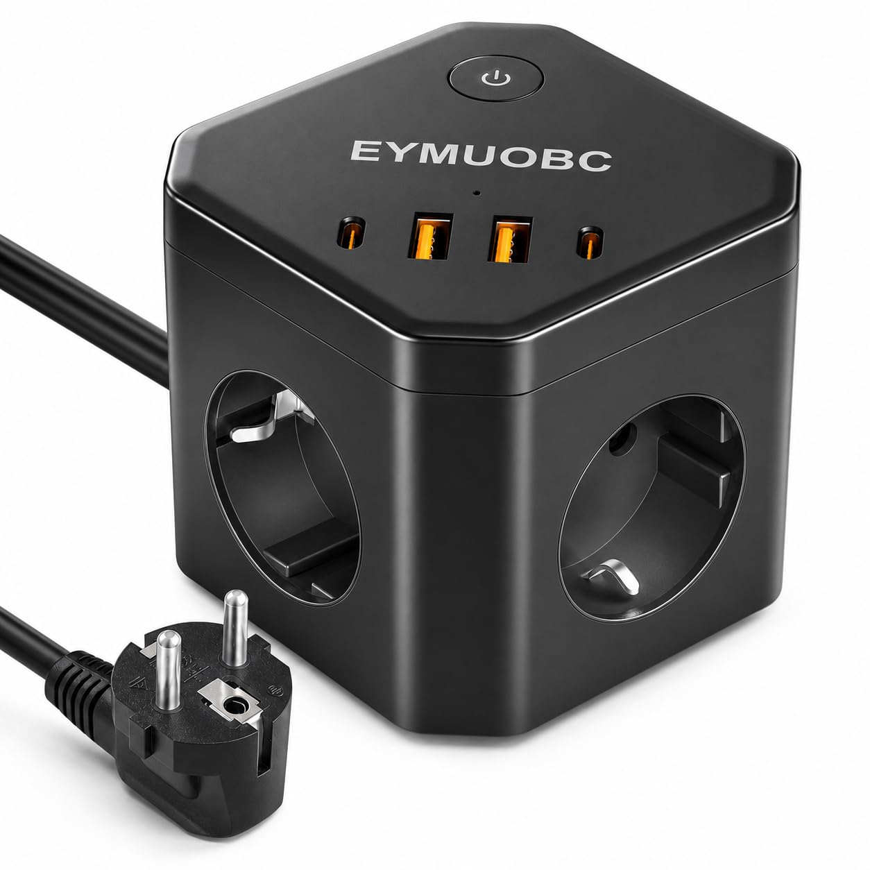 EYMUOBC Socket Cube with USB, Multiple Socket with 2 USB C PD 20 W Quick Charging, 4 Way Power Strip with 4 USB and Switch, Multiple Plug for Office, Black