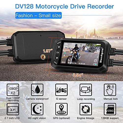 Blueskysea DV128 Motorcycle Dash Cam 1080P Dual Lens Video Recorder Motorcycle Camera 2.7” LCD Front and Rear Waterproof DVR with G-Sensor, Loop Recording,GPS,Manual Lock,Night Vision,130 Degr (DV128) - Thumbnail 2