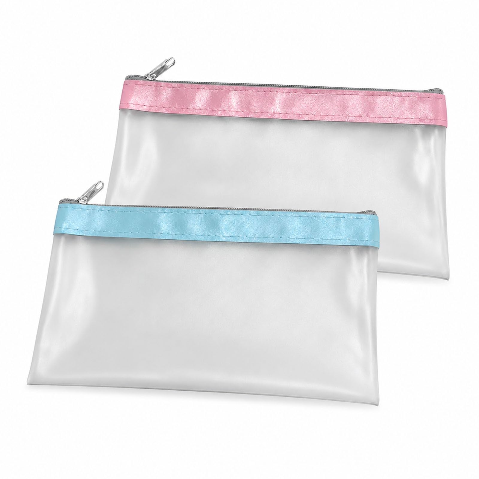 HOQBFSN 2 Pcs Clear Zipper Cash Pouches, Pink & Light Blue Trim Transparent Storage Bags, Resealable Organiser Pouch for Receipts Passport Stationery Travel Office School Use