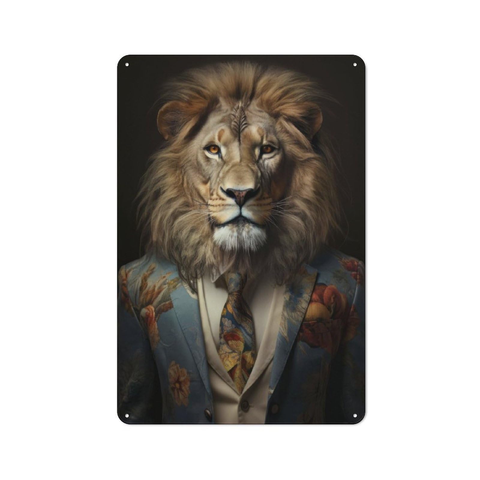 Junmoney Lion In Boho Suit Rustic Tin Sign 30X20cm For Living Room Or Hallway, A Metal Wall Feature For Living Rooms And Hallways