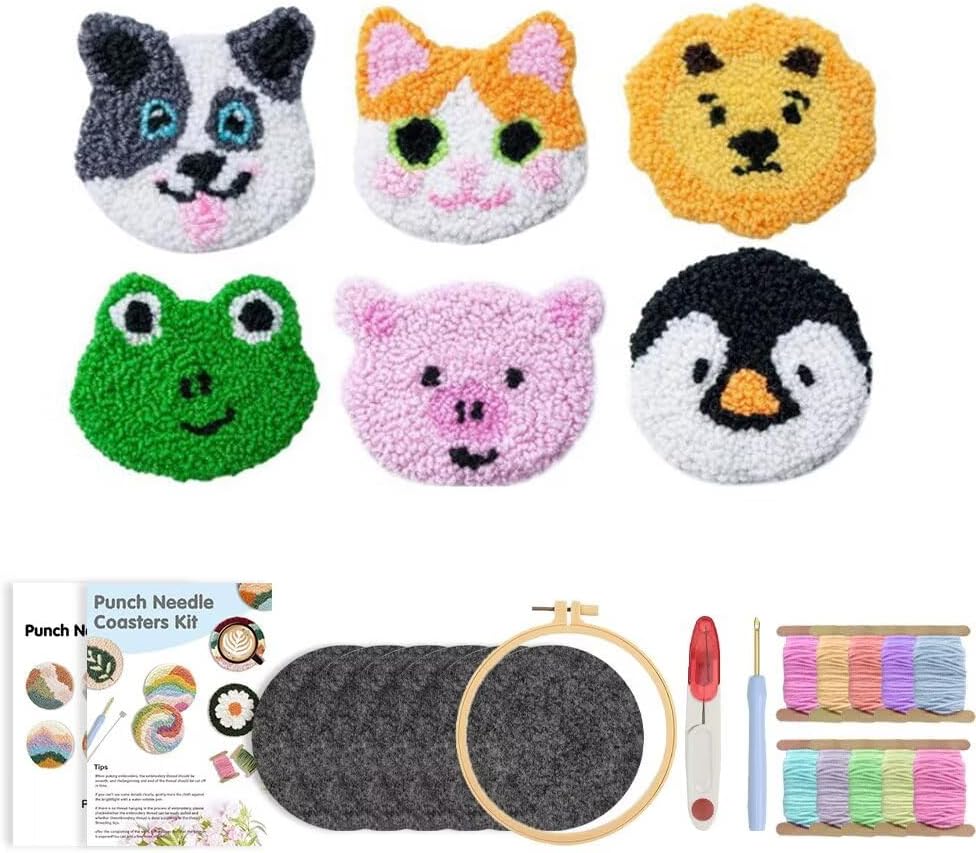 Punch Needle Coaster Kit 6 Patterns Cute Animals Tufted Rug Pads, DIY Needle Punch Coaster Kit for Adults Beginners with Adhesive Felt Yarns Embroidery Hoop Tools Instruction