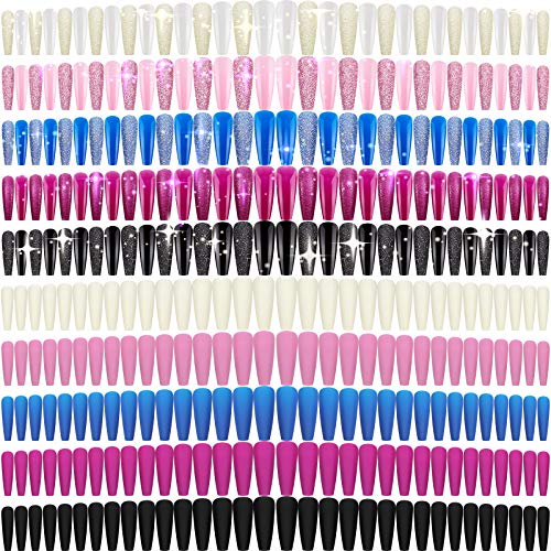 360 Pieces 15 Sets Extra Long Ballerina Coffin False Nails Glitter Press on Fake Nails Matte Artificial Full Cover Nail Tips Glossy Long Acrylic Nails for Women Girls DIY Nail Art (Mixed Colors)