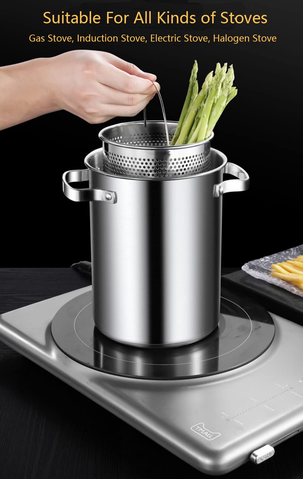Spargeltopf, 304 Edelstahl, Gemüsedampfer, Spaghetti-Nudelkocher, Öl-Fritteuse, Heimküche, Kochwerkzeug mit Korb und Deckel, 4,2 l, BPA-frei
