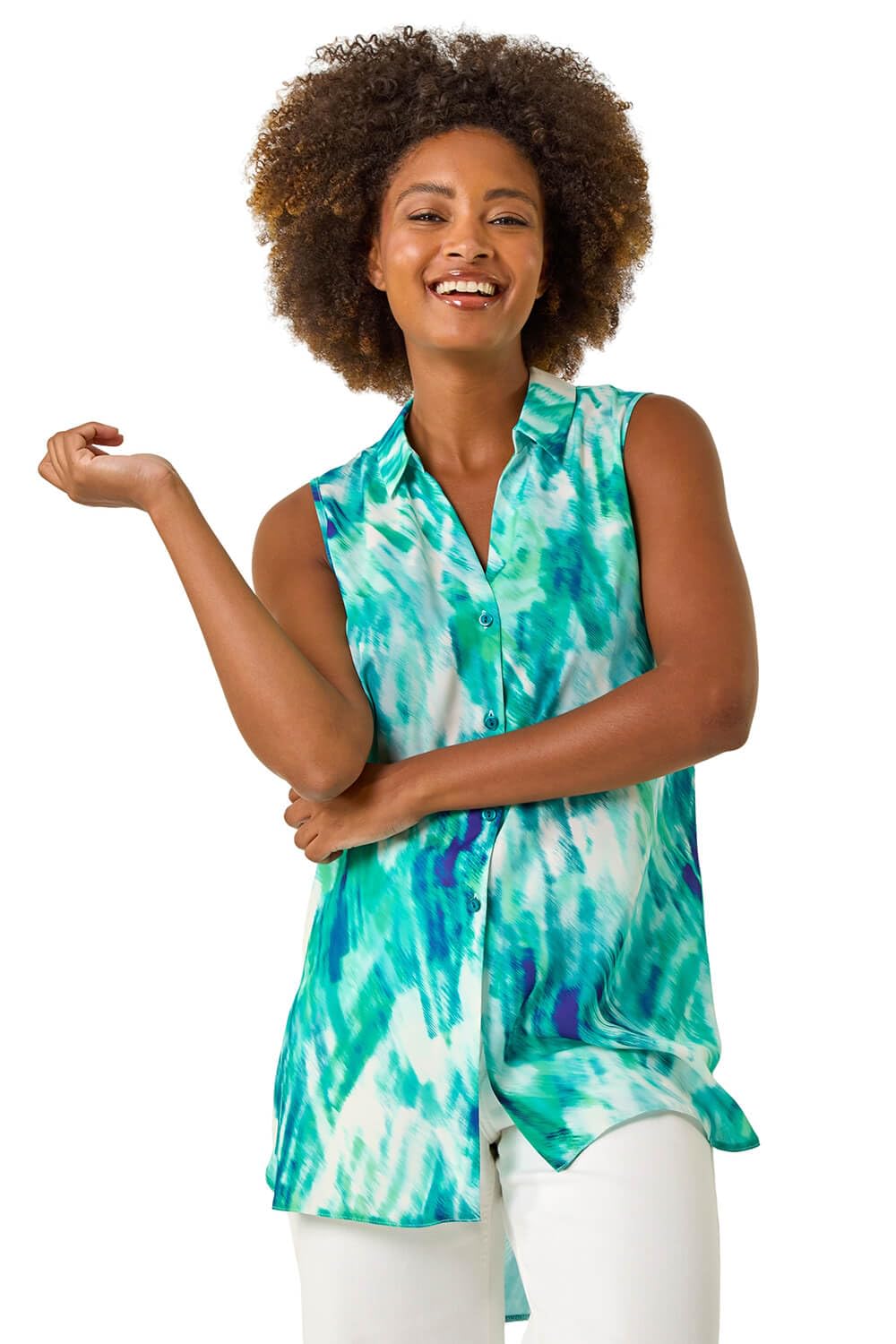 Roman Women's Blue Abstract Print Button Longline Blouse In | : Size 12