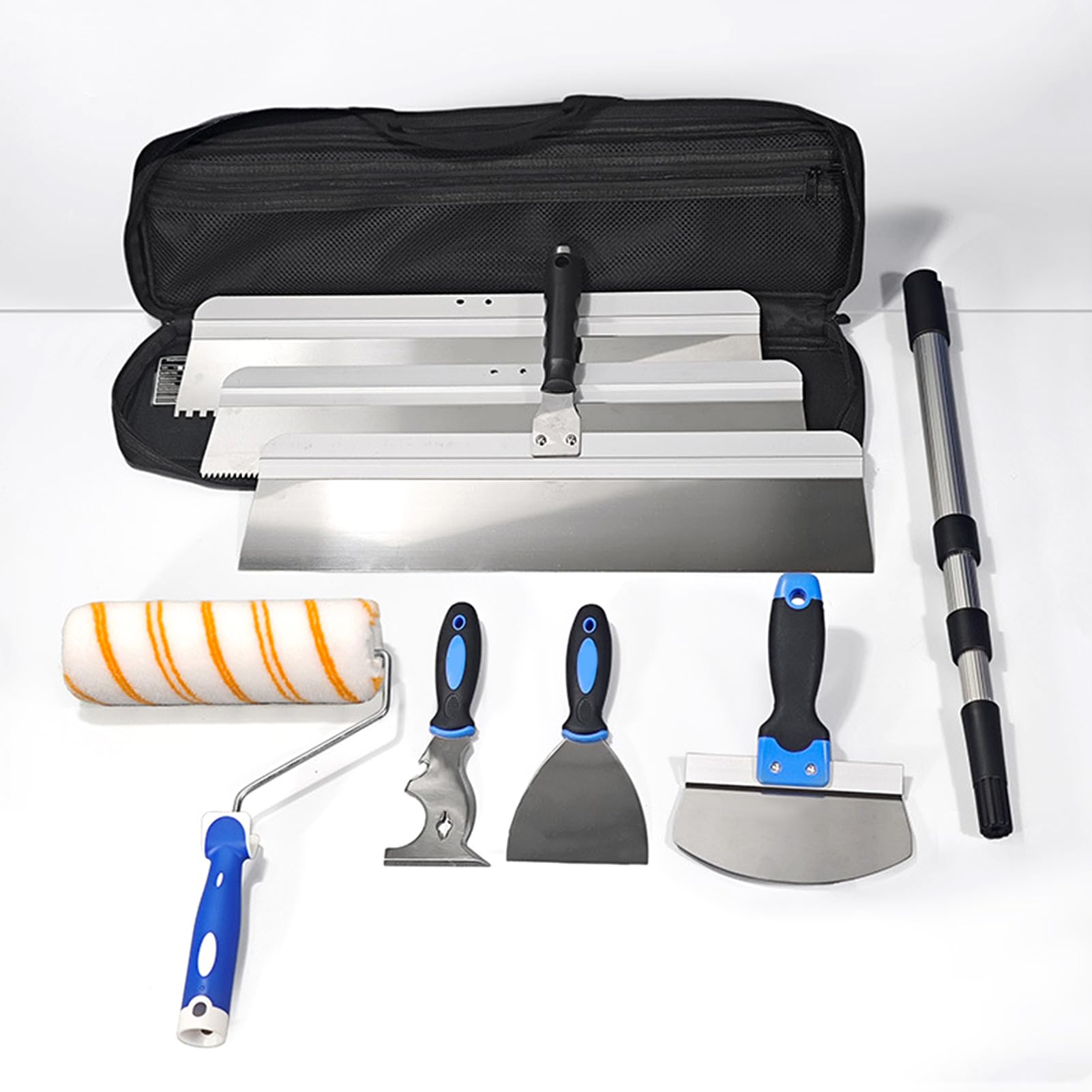 Juego de Espátulas para Masilla, Cuchillas de Acero Inoxidable, Espátula para Paneles de Yeso con Barra de Extensión de Aluminio de 3 Secciones y Bolsa de Almacenamiento para Trabajos de