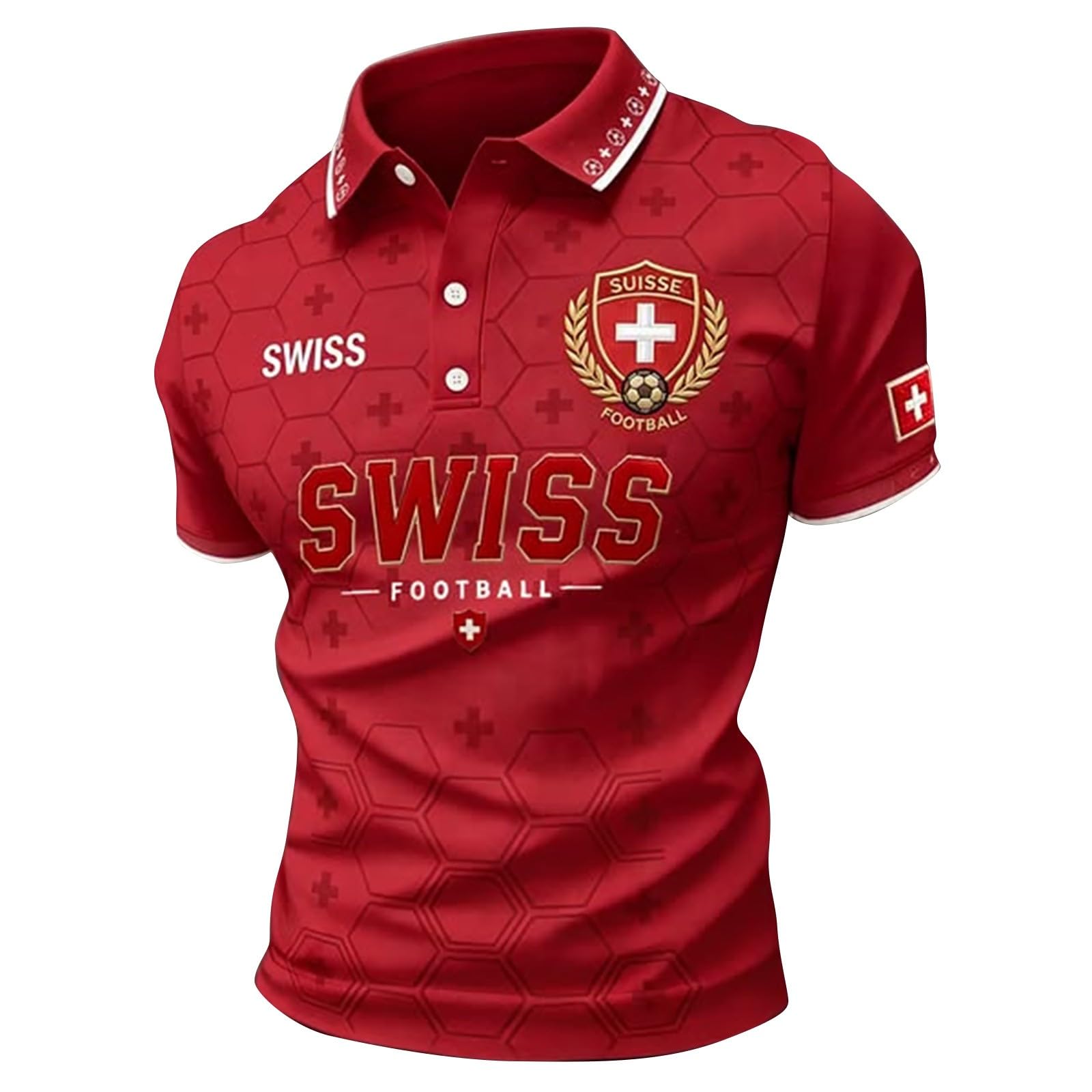 AIDTFUIEY Switzerland Football Supporter Football T-Shirt Breathable Shirts Clear Printed Lightweight Tops Stretchy Jersey Poloshirt for Football Fans (Brick Red, XXL)