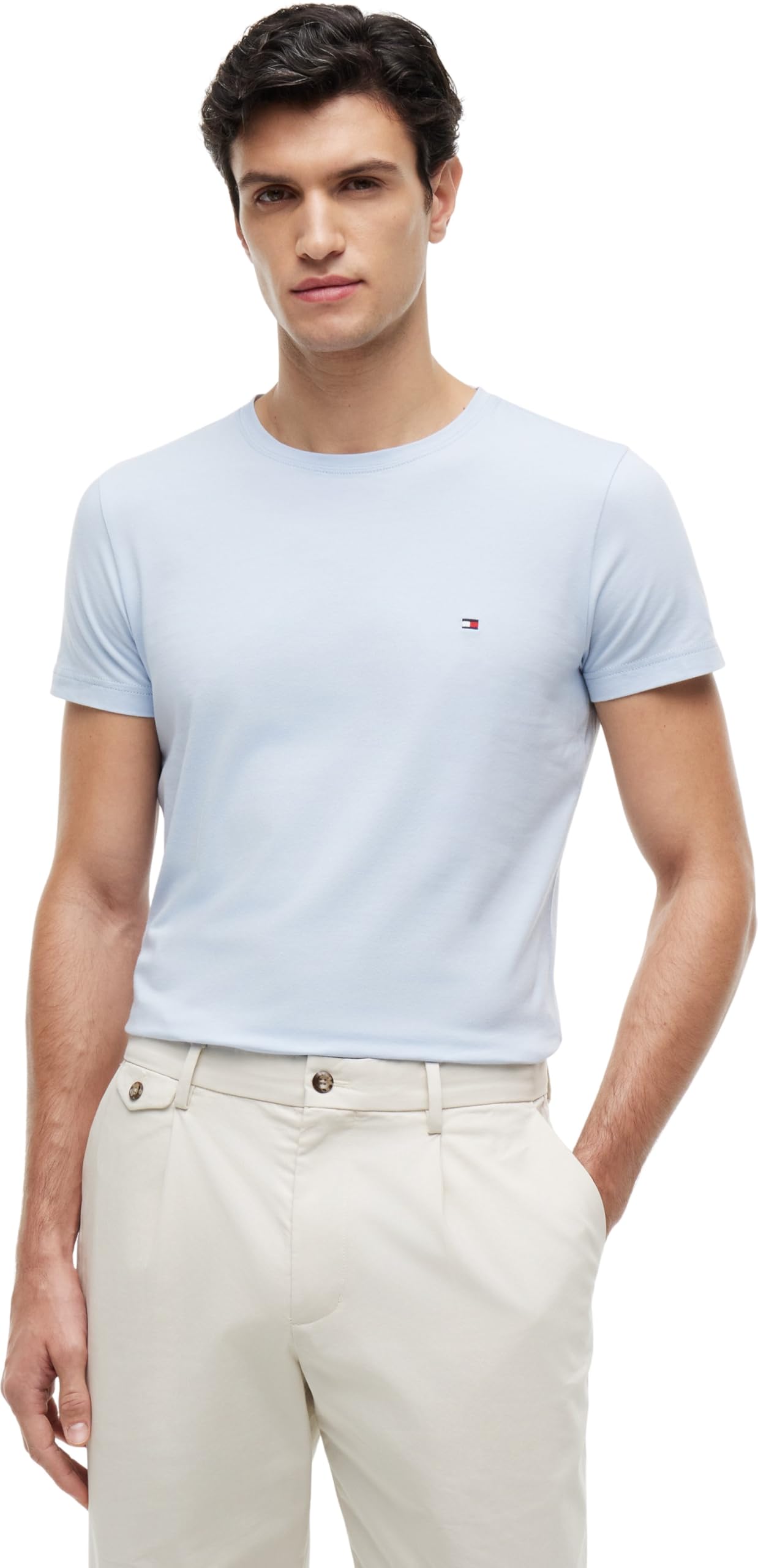 Tommy Hilfiger Men’s Short Sleeve Round Neck Slim Fit Stretch T-Shirt, Blue (Breezy Blue), XL