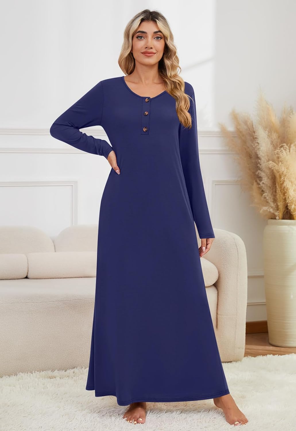 DouBCQ Nightgowns for Women Long Sleeve Button House Dress Soft Full Length Sleepwear with Pockets - Image 4