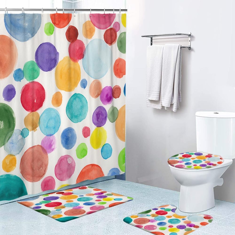Ansouyi 4Pcs Bathroom Shower Curtain Sets with Non-Slip Rugs, Toilet Lid Cover and Bath Mat, Kids Colorful Polka Dot Durable Waterproof Shower Curtain for Bathroom Set with 12 Hooks