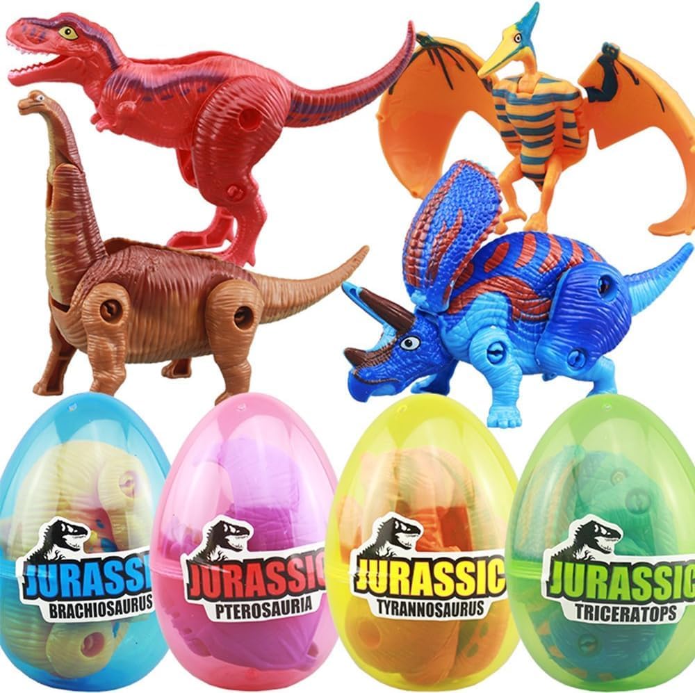 4PCS Dino Surprise Toy Eggs for Boys - Hatch T-Rex, Pterosaurs, Brachiosaurus, Triceratops - Entertaining Deformation Dinosaur Egg with Fun Dino Toys Inside, Ideal Gift (Random Color)