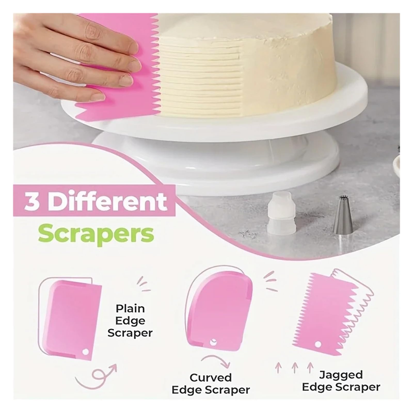 80-teiliges Kuchendekorationsset – rutschfester Drehteller mit 14 Spritztüllen, Schabern und Werkzeugen for professionelles DIY-Backzubehör(BP-80pcs-pink-B)