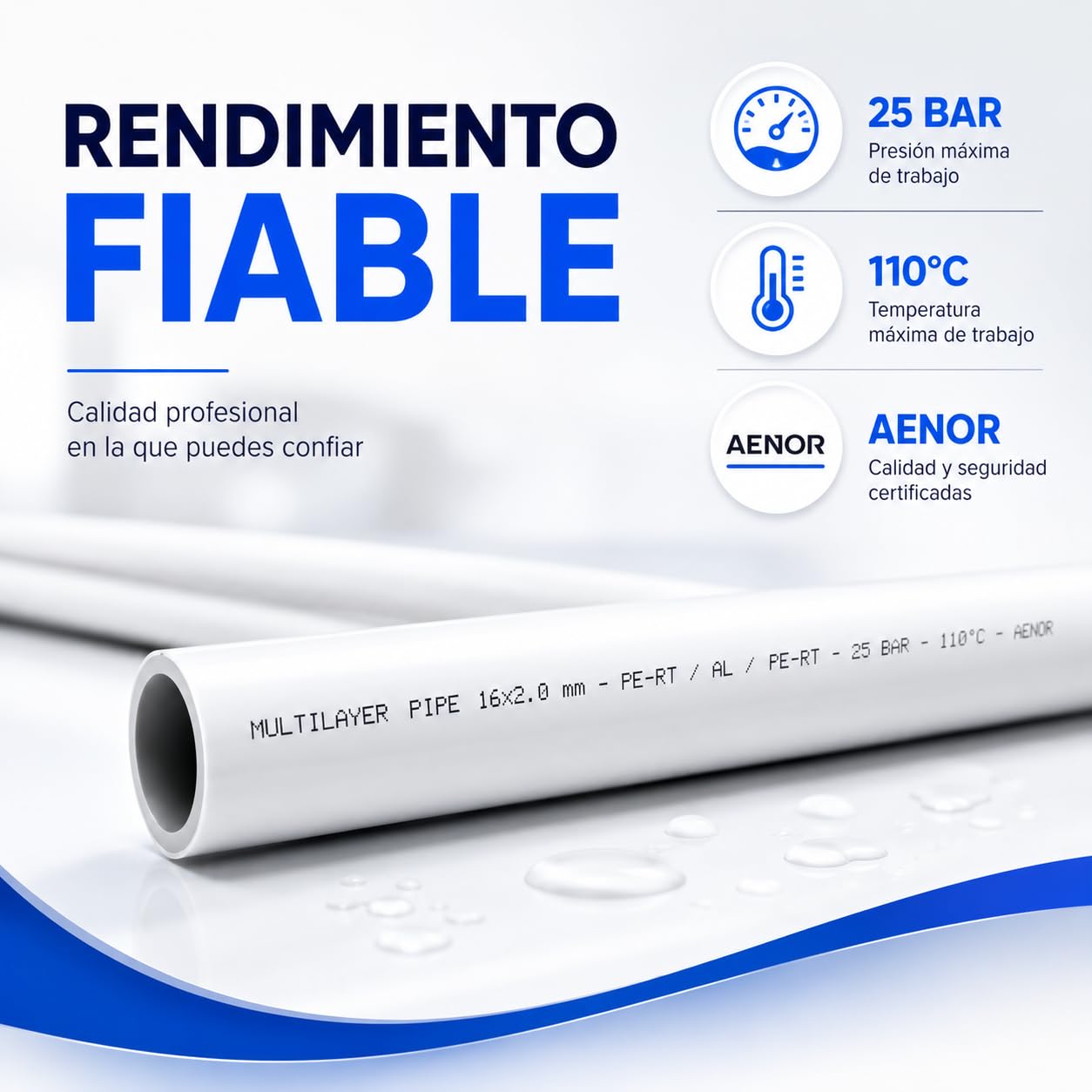 Tubo Multicapa por Metros para Fontanería, Agua Potable y Calefacción | Disponible en 1 m y 5 m | Tubería Multicapa Flexible 16 mm, 20 mm, 25 mm y 32 mm (16mm, 500, Centímetros)
