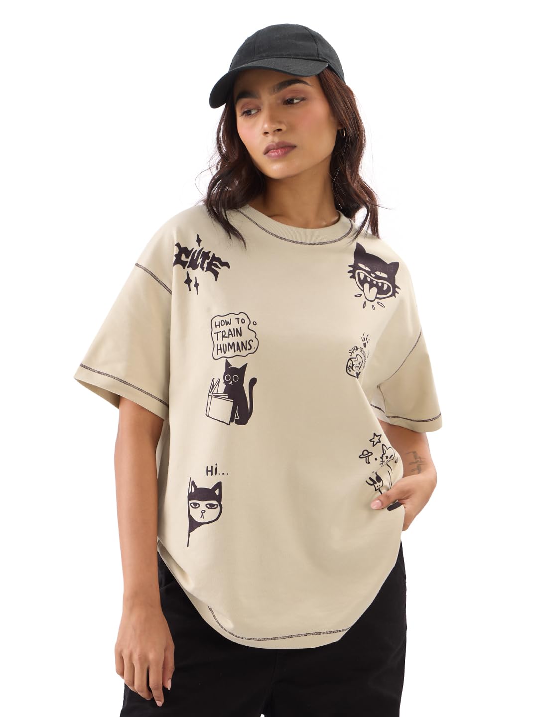 The Souled Store Ted The Stoner: Cat Displaced Women and Girls Short Sleeves Round Neck Brown Graphic Printed Cotton Oversized T-Shirts