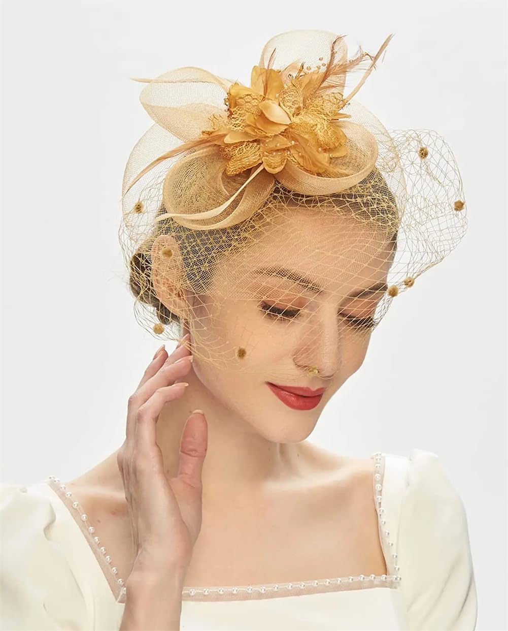 Tocado de Novia para Mujer, Diadema para Fiesta de té, Sombrero de Boda, Velo de Malla con Flores, Tocado (Rojo, Talla única)