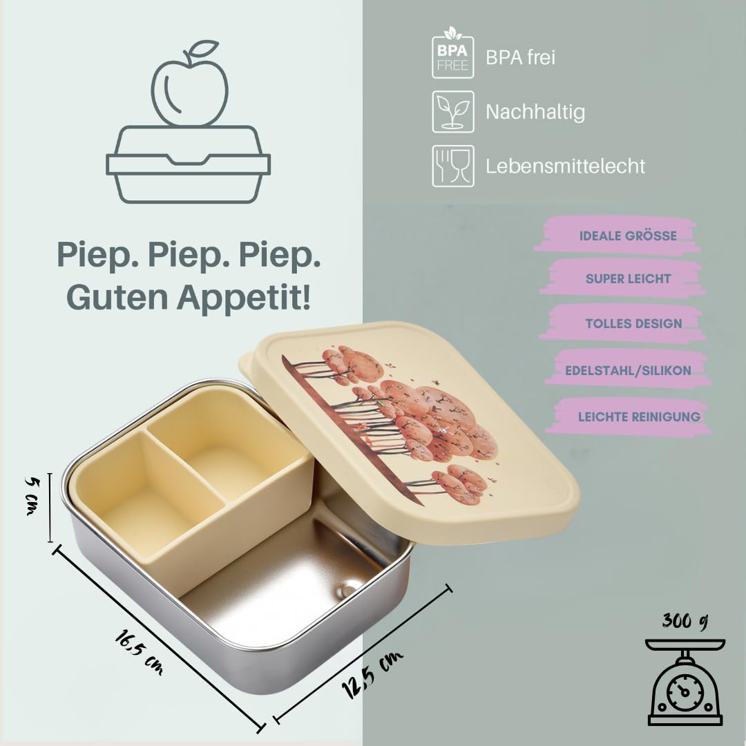 Jenard Brotdose & Trinkflasche Set für Kinder – Edelstahl Lunchbox mit Trennfach & auslaufsichere Thermoflasche – BPA-frei – Creme/Tiere im Wald