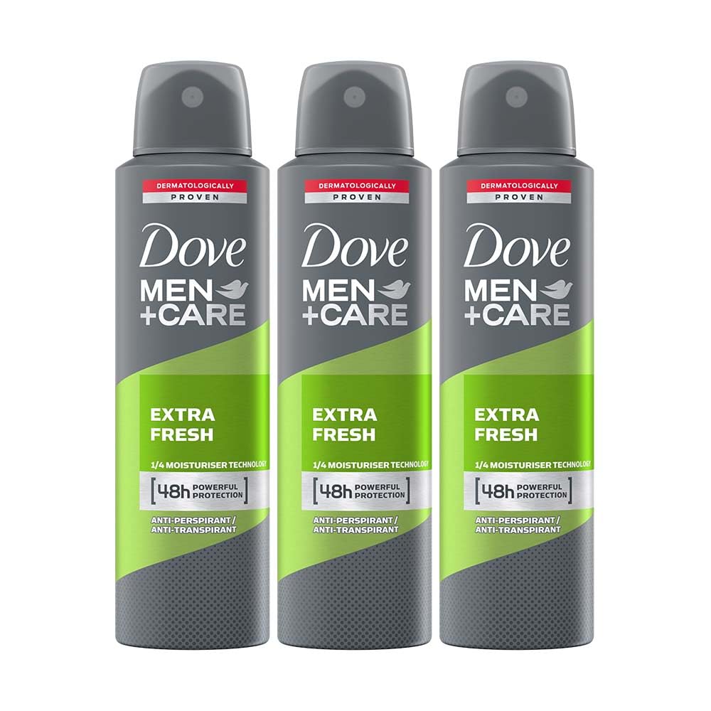 Dove Men+Care Extra Fresh Dry Spray Antiperspirant Deodorant, Up To 48 hrs Protection From Sweat & Odour, Instantly Dry for Cleaner Feel, Dermatologically Proven Formula, Soothes & Moisturises Skin, Energizing Citrus Scent, 150ml (Pack of 3)