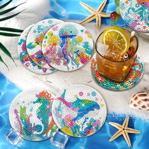 Image of ZTOTZ 8pcs Ocean Series Diamond Art Coasters Kit, Sea Animals Diamond Painting Coasters with Cork Pad, DIY Coaster Gem Art Kits for Adults Craft for Gift Festival (Turtles, Octopuses,Dolphins)