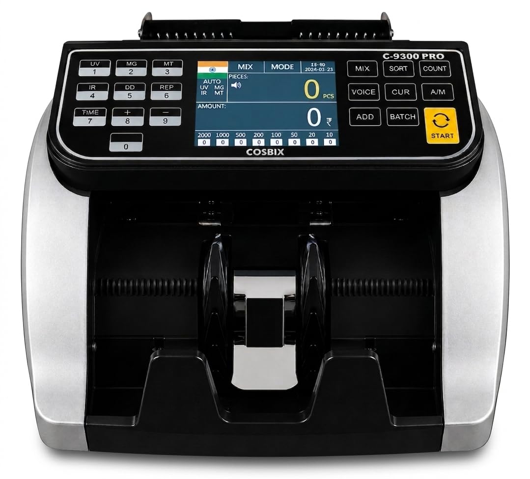 COSBIX C-9300 PRO Automatic Multi-Currency Mix Denomination Value Counting Machine with Smart Fake Note Detection Programmed for INR Updated for All Denominations New and Old Currency (Dual Display)
