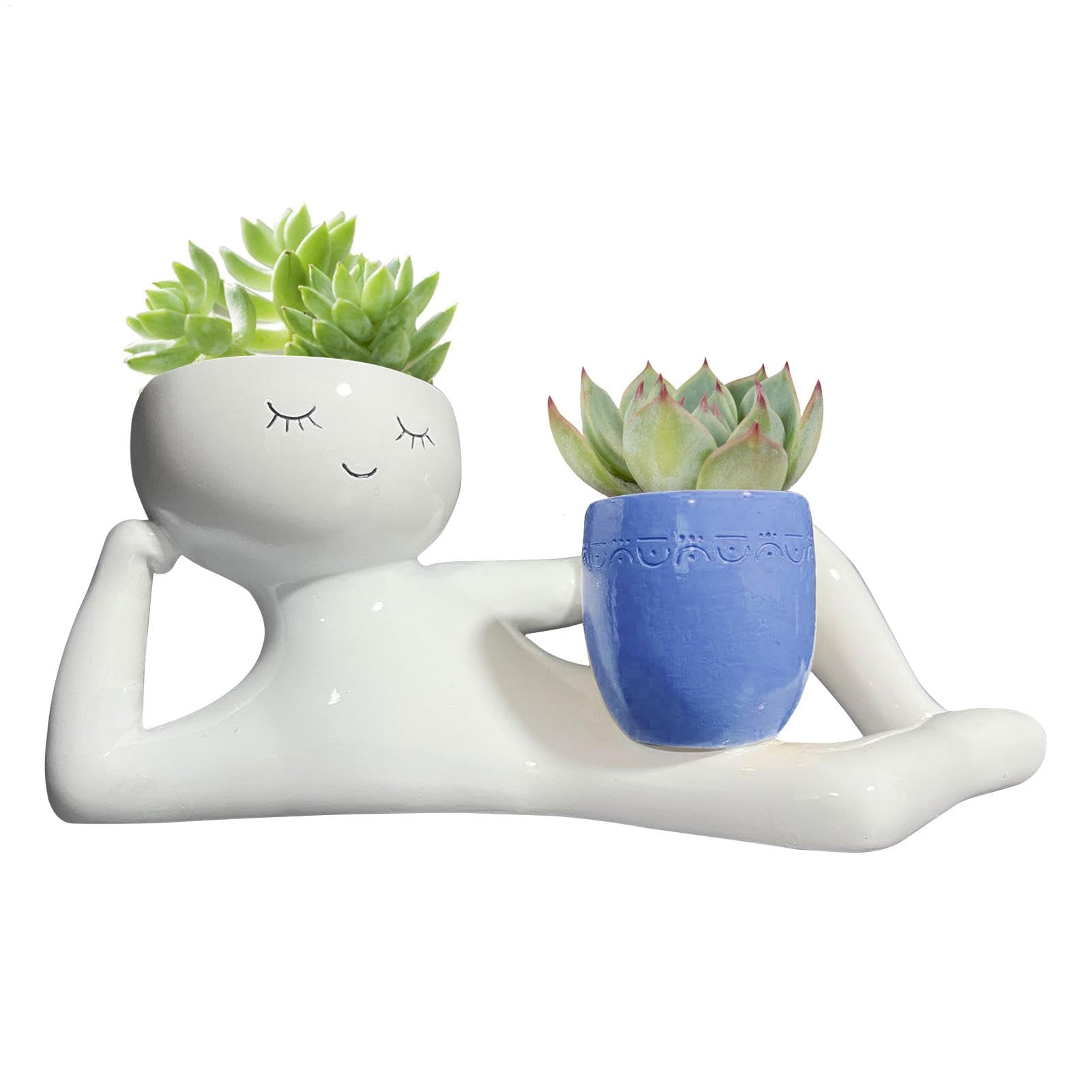 Pot de fleurs motif homme couché avec drainage pour cactus et plantes d'intérieur