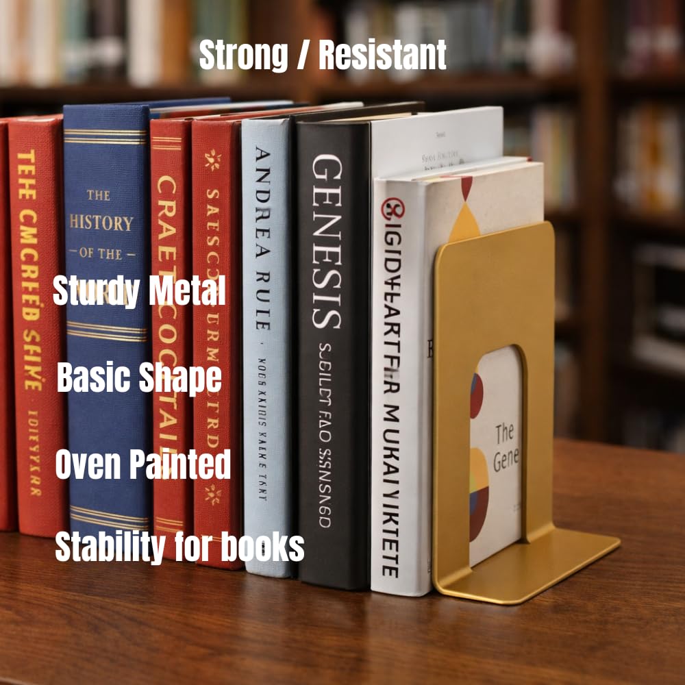 Alessk Sujetalibros dorados, sujetalibros resistentes, sujetalibros para estantes, sujetalibros de metal para libros pesados, topes decorativos para libros, decoración del hogar u oficina,