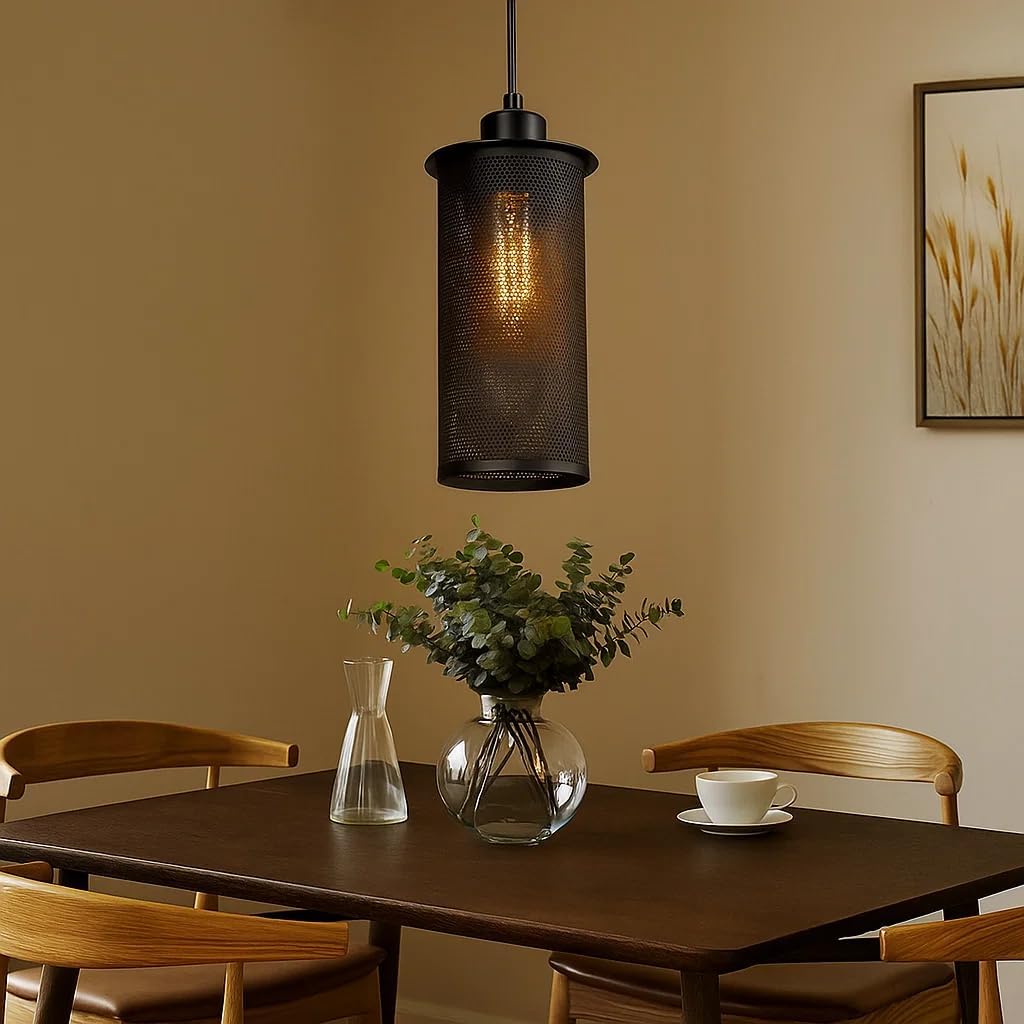 Vintage Wrought Iron Cage Pendant Light Fixtures, Industrial Rustic Hanging Lamp, Ceiling Light for Farmhouse Kitchen Cafe Bar Dining Room Bedroom(1-Light,Black)