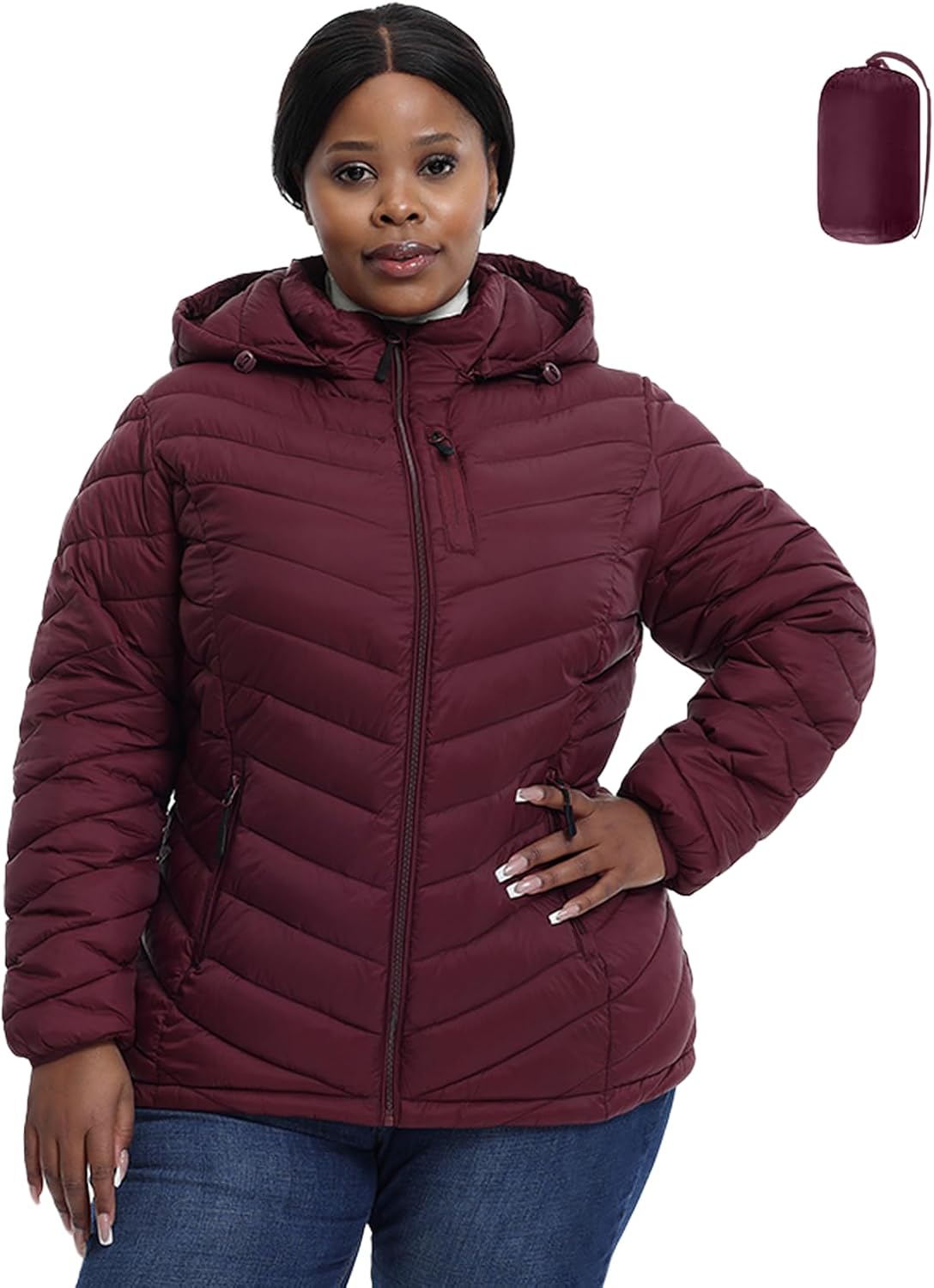 HHE Plus Size Women Packable Puffer Jacket 1X-6X Water-Resistant Lightweight Coat Detachable Hood(Exclusively Plus Size)