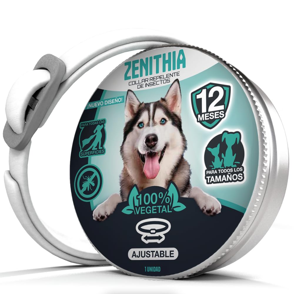 Zenithia Collar Repelente de Insectos, Antipulgas Perros, Garrapatas y Mosquitos, Collar Antiparasitario Perros-12 Meses Protección-65cm-Ajustable-100% Vegetal-Impermeable- 1 Und