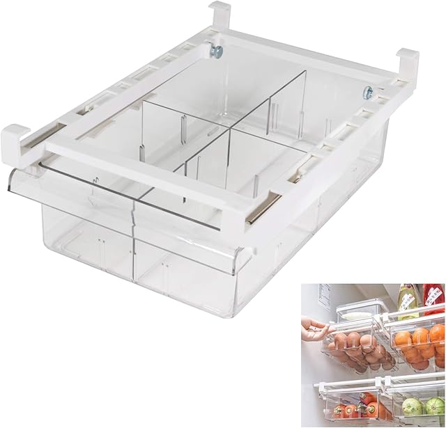 Diskary Fridge Drawer Organizer, Refrigerator Organizer Bins, Pull Out with Handle, Fridge Shelf Holder Storage Box, Clear Container for Eggs Fruit, Removable Partition
