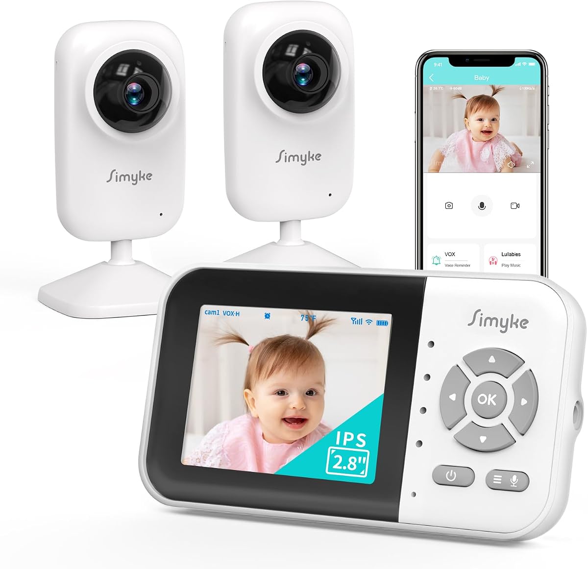 Upgrade Video Baby Monitor with 2 Cameras and Audio 2.8" Screen,Night Vision,APP,Wireless,2-Way Talk,1200ft Long Range,Feeding Timer,Temperature Sensor,VOX/ECO,5 Lullabies,Portable,Easy Setup