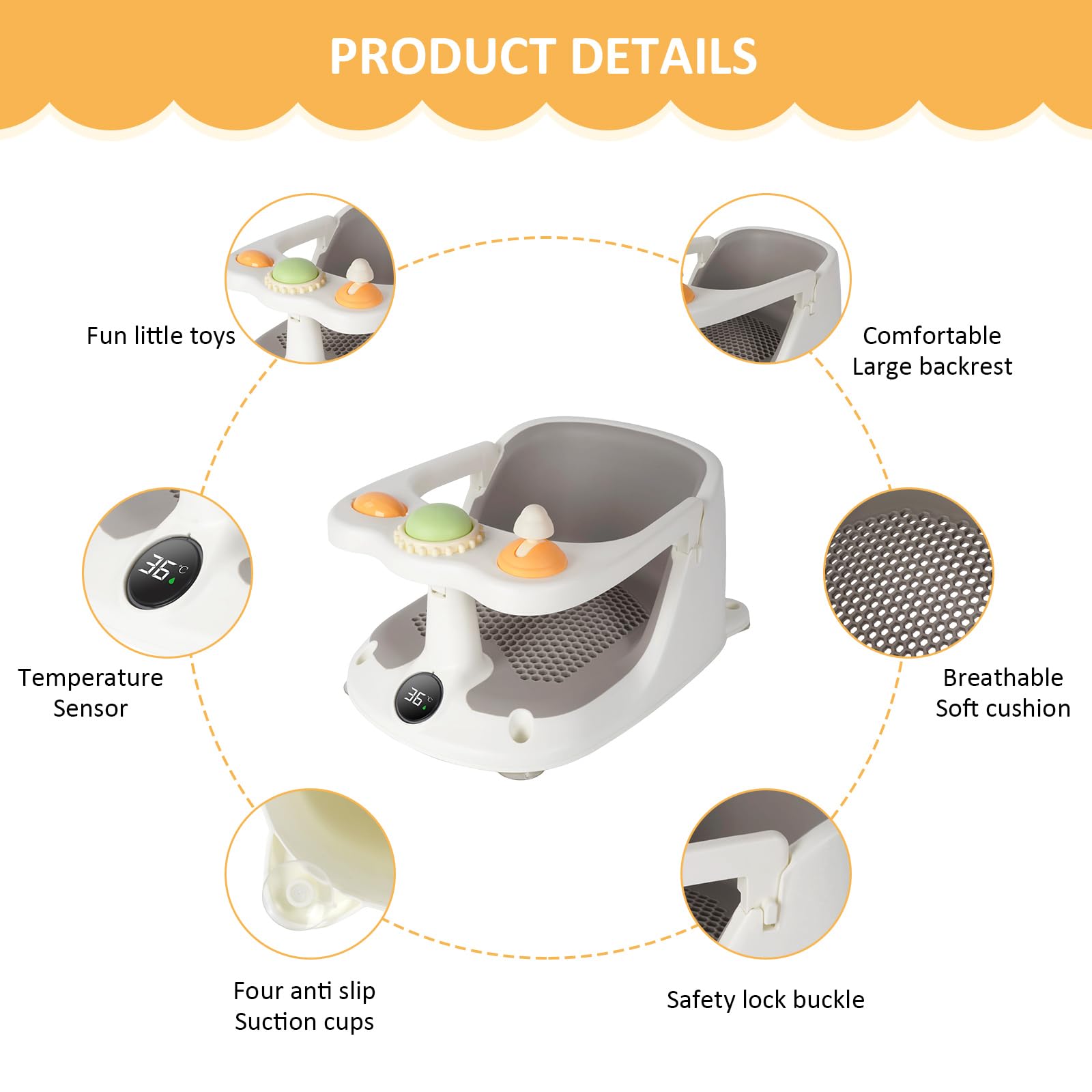 Vinteky Baby Badesitz Badewannensitz Sitzhilfe grau, Ab 6 Monate, Rutschfeste und hoher Sitzkomfort 360° Rundumschutz, mit Activity-Board&Temperaturfühler&4-starken Saugnäpfen