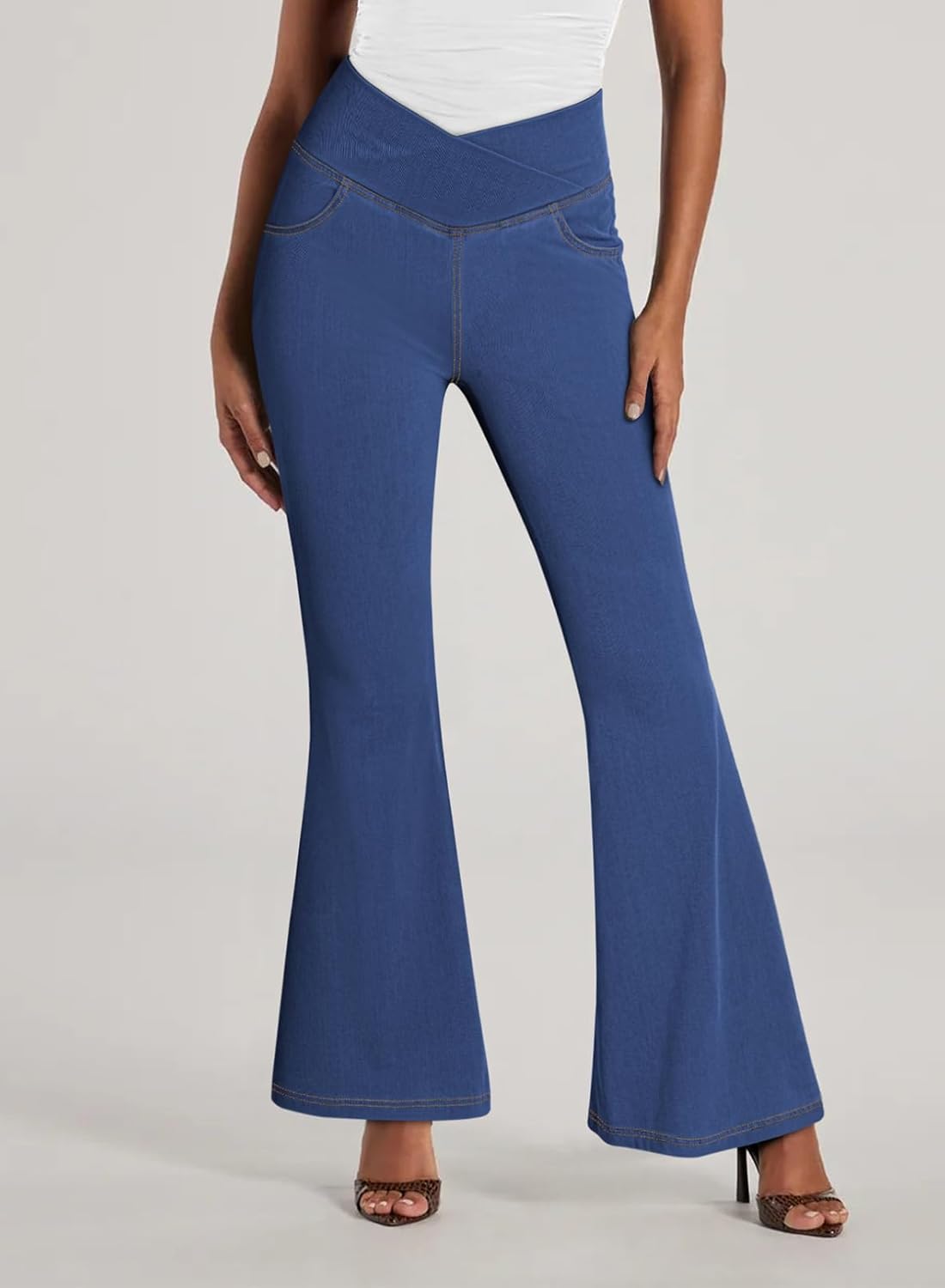 Pink Queen Bell Bottom Jeans for Women Crossover High Waisted Stretchy Denim Leggings Tummy Control Flare Pants with Pockets - Image 5