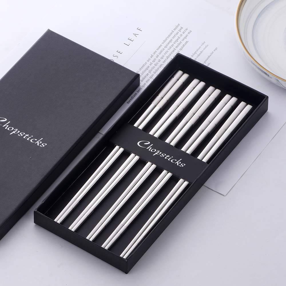 Bisda Reusable Chopsticks Set, Stainless Steel Dinner Kitchen Flatware Utensils Sets of 5 (Set of 5, Silver)