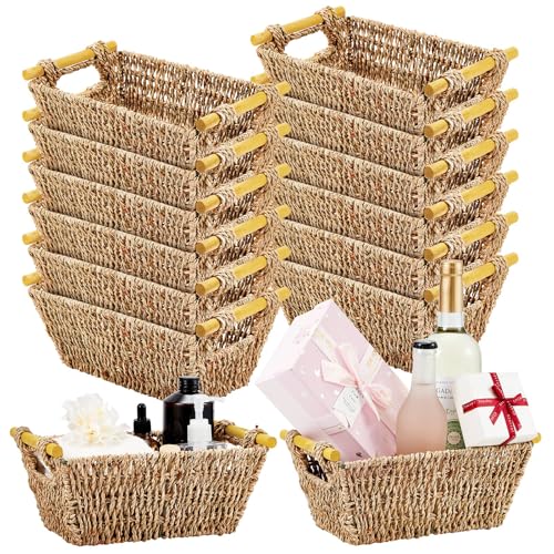Marsui 12 Pcs Small Hand Woven Wicker Baskets with Wooden Handles, Seagrass Rattan Storage Baskets Bin Organizer Shelf Pantry for Bathroom Storage Towel Kitchen Washroom Gifts Decor, 9" x 6" x 4"